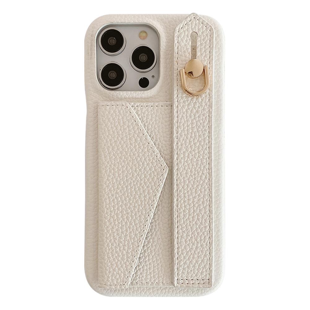 

For iPhone 14 Pro Max Case with Card Slot Wristband Kickstand PU Leather+PET Phone Cover White