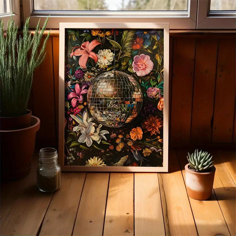 1PC Interior Disco Ball Flowers Posters and Prints Canvas Painting Vintage Mirror Ball Pictures for Bedroom Kitchen Home Decor
