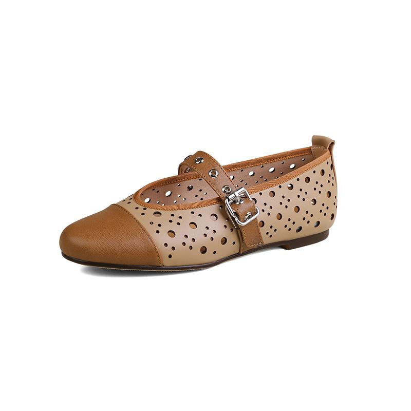 Fashion Women's new spring round toe retro low heel leather cowhide oversized hollow rivets Mary Jane breathable single shoe
