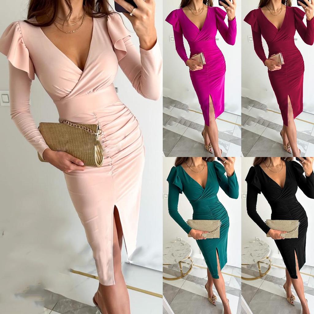 V-Neck Waist-Cinching Slit Solid Color Long Sleeve Dress