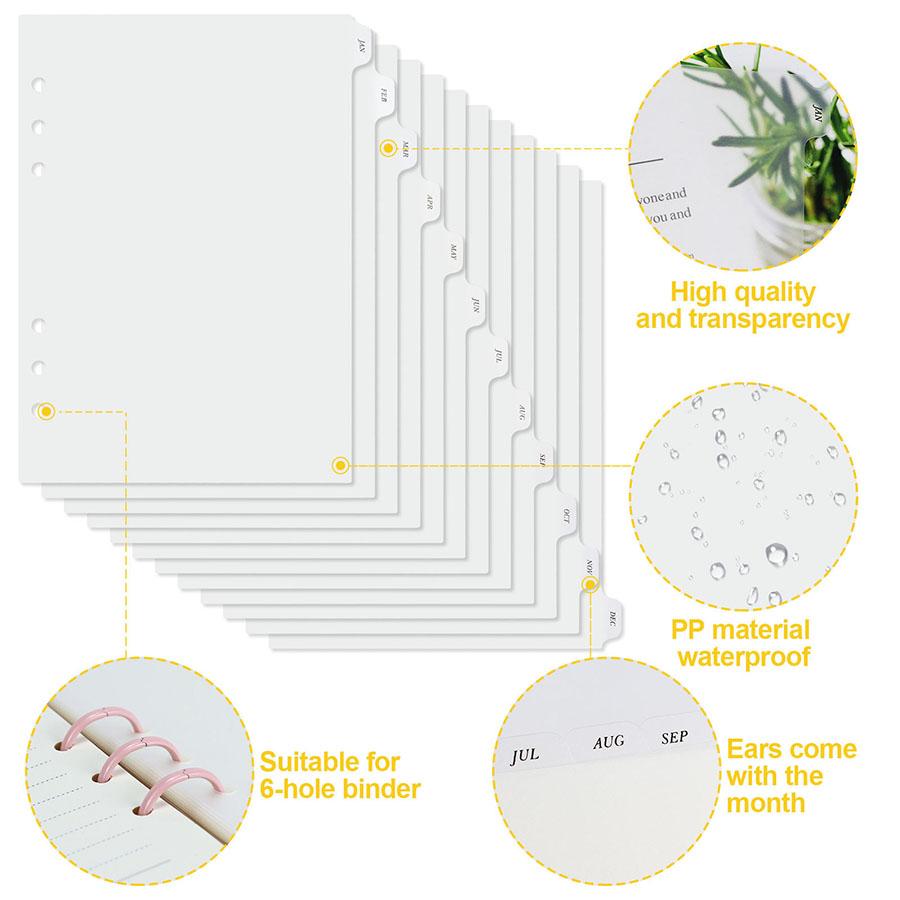 A5 A6 12pcs Frosted Devides With Monthly Tag, High Transparency PP Material Loose Leaf Baffle Board, Binder Notebook Index Pages