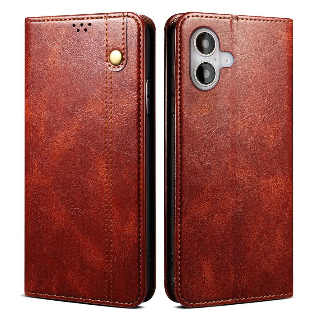 For iPhone 16 Plus Case Crazy Horse Texture Waxy Leather Wallet Stand Cover