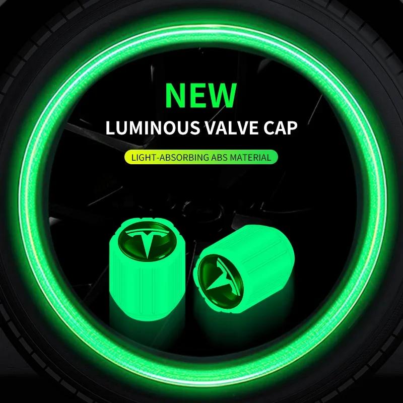 Bilklistermärke 2025 Ny Tesla 4ST Ljusande Bilventilhatt för Däck Fluorescerande Nattlysande Dekor För Tesla 3 S X Y Cybertruck Roadster