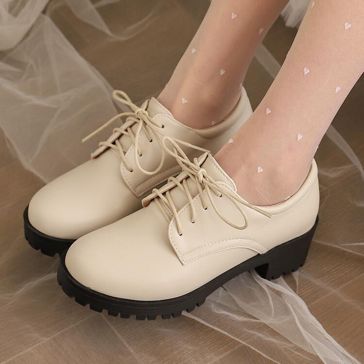British Style Small Leather Shoes Spring and Autumn Black Platform Thick Heel Middle Heel Front Lace-up  Shoes Casual  High Heels