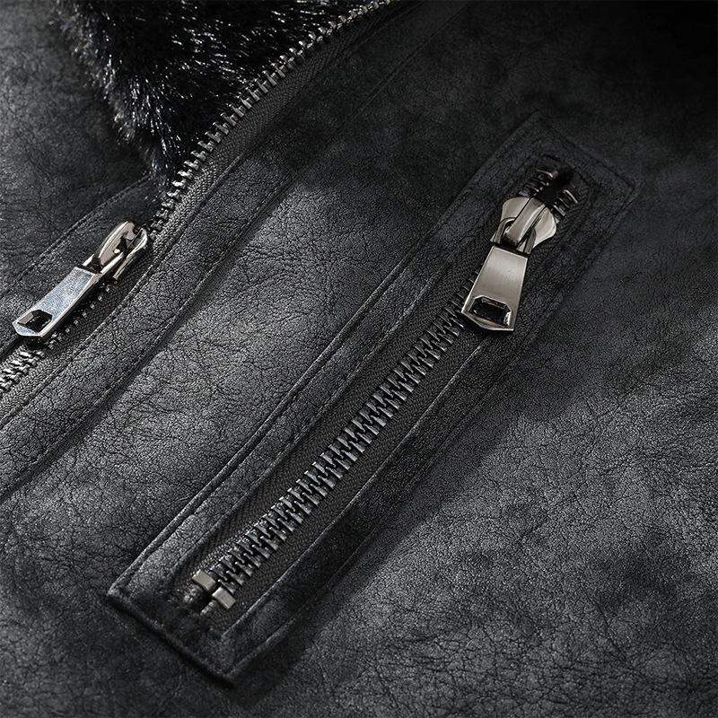 JK2035 Men's Plus Size Leather & Fur Lapel Jacket - Thickened Velvet for Autumn/Winter