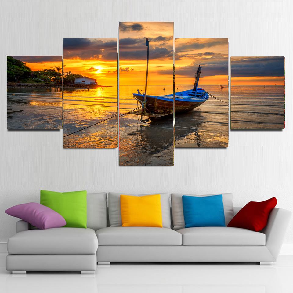 5 Panels Landscape Boat In Sunset Scenery Canvas Painting Nature Beach Posters and Prints Wall Art Picture Home Decor No Frame
