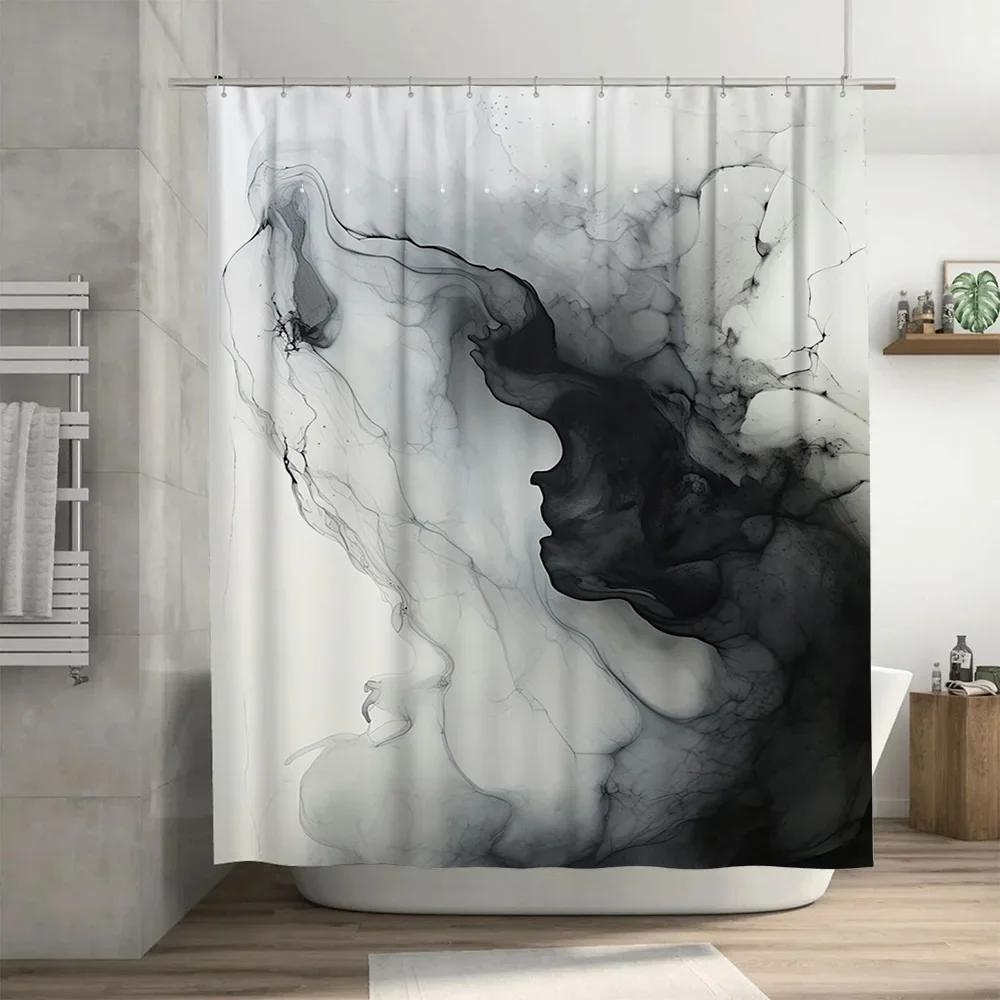 White Shower Curtain with Black Smoke Effect Decorative Print for Bathroom Decoration Polyester Material Waterproof Fabric Shr