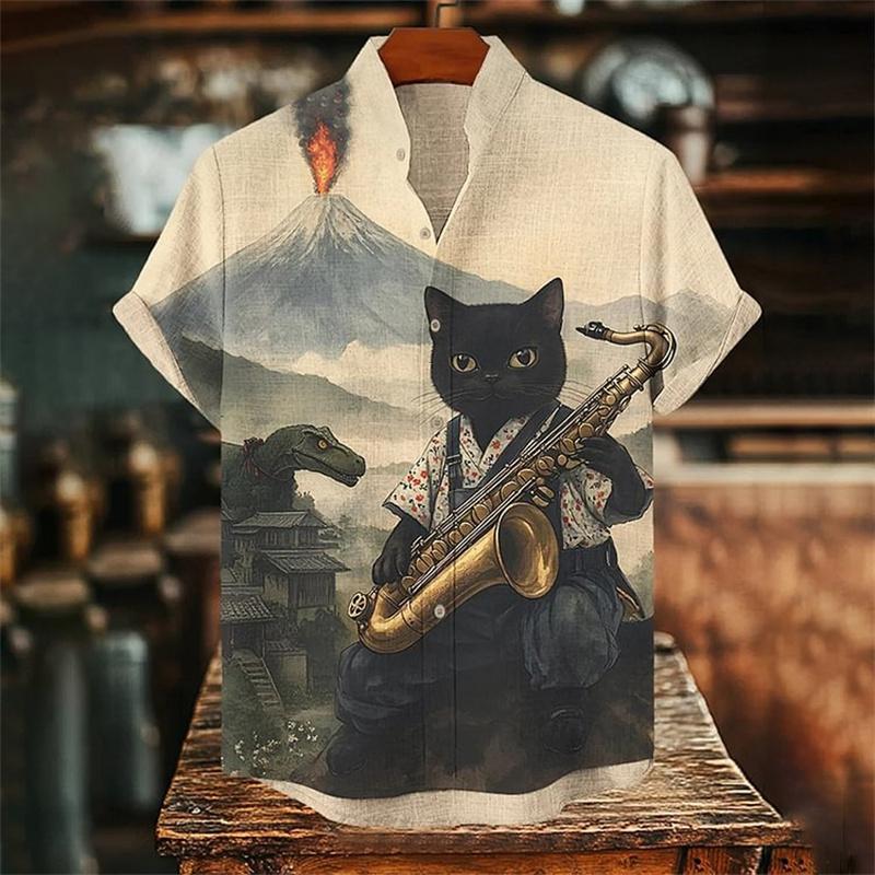 Nuova Maglia Casual da Uomo Nuova Arte Stampa 3D Carino Gatto Alta Qualità Lino Manica Corta Top
