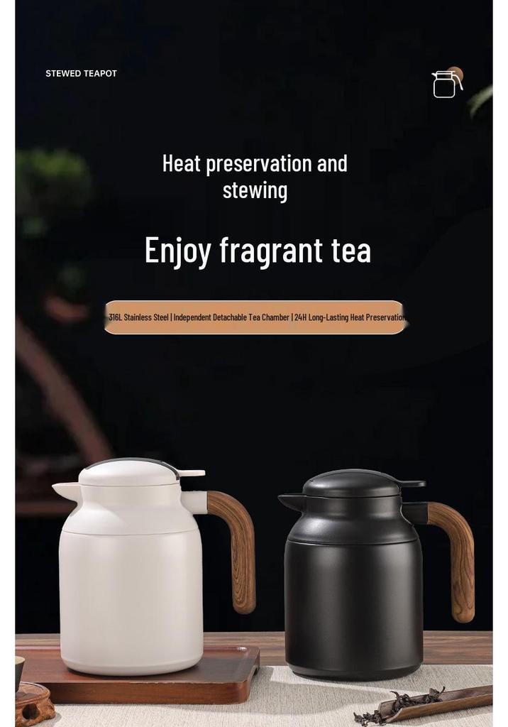 316 Stainless Steel Smart Insulated Teapot with Temperature Display, Tea Separator, and Wood Grain Handle - Large Capacity.