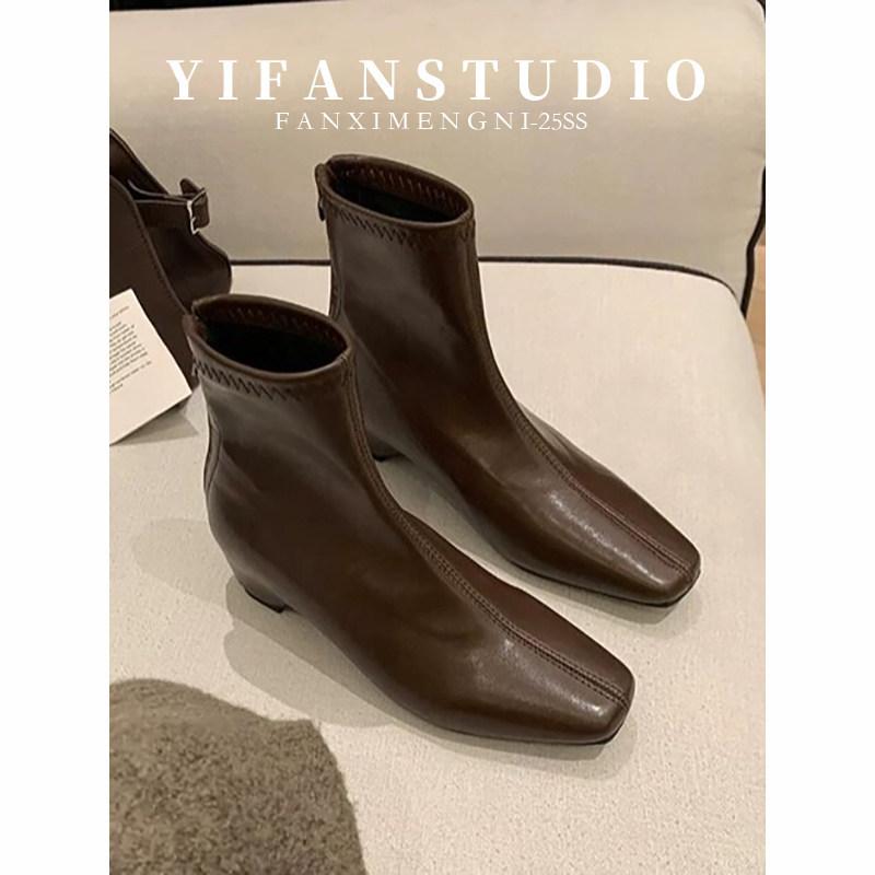 Skinny boots versatile single boots trendy short boots black new rear zipper women's square head elastic boots commuter low heel