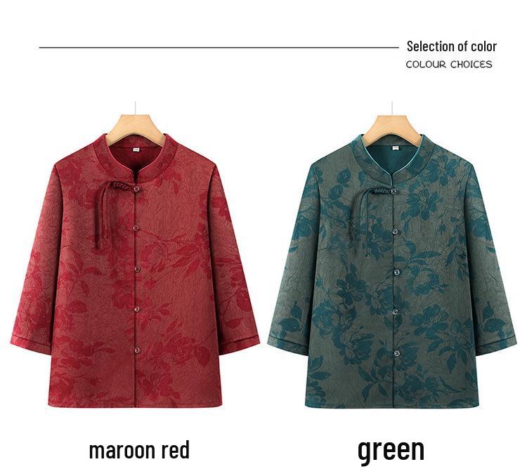Chinese Style Tang Suit Top - Summer Three-Quarter Sleeve Shirt for Middle-Aged and Elderly Women