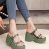 Super high heel muffin wedge heel thick sole one-word slippers women's 2025 summer outer wear high-end bow thick heel sandals