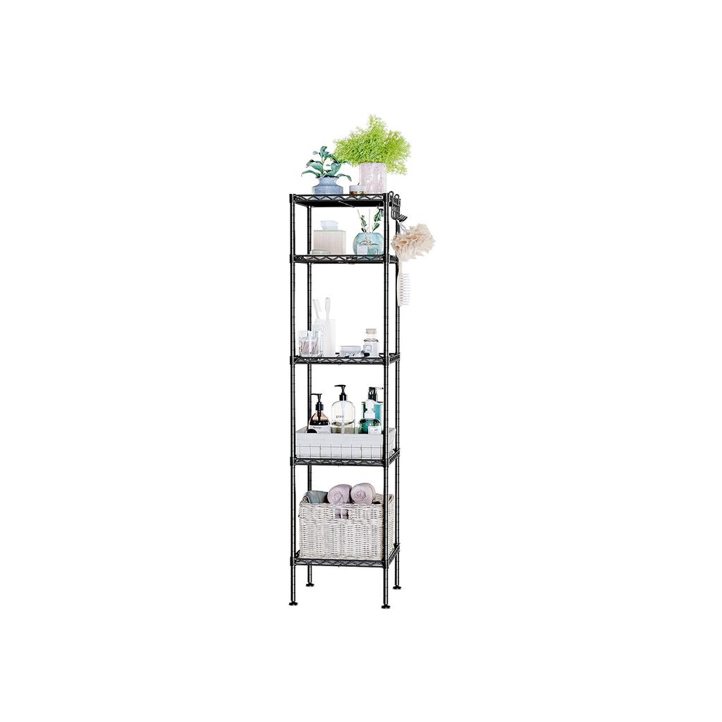 SONGMICS Bathroom Shelf, Metal Storage Rack, Total Load Capacity 100 kg, with 5 PP Sheets, Removable Hooks, 30 x 30 x 123.5 cm, Expandable Design