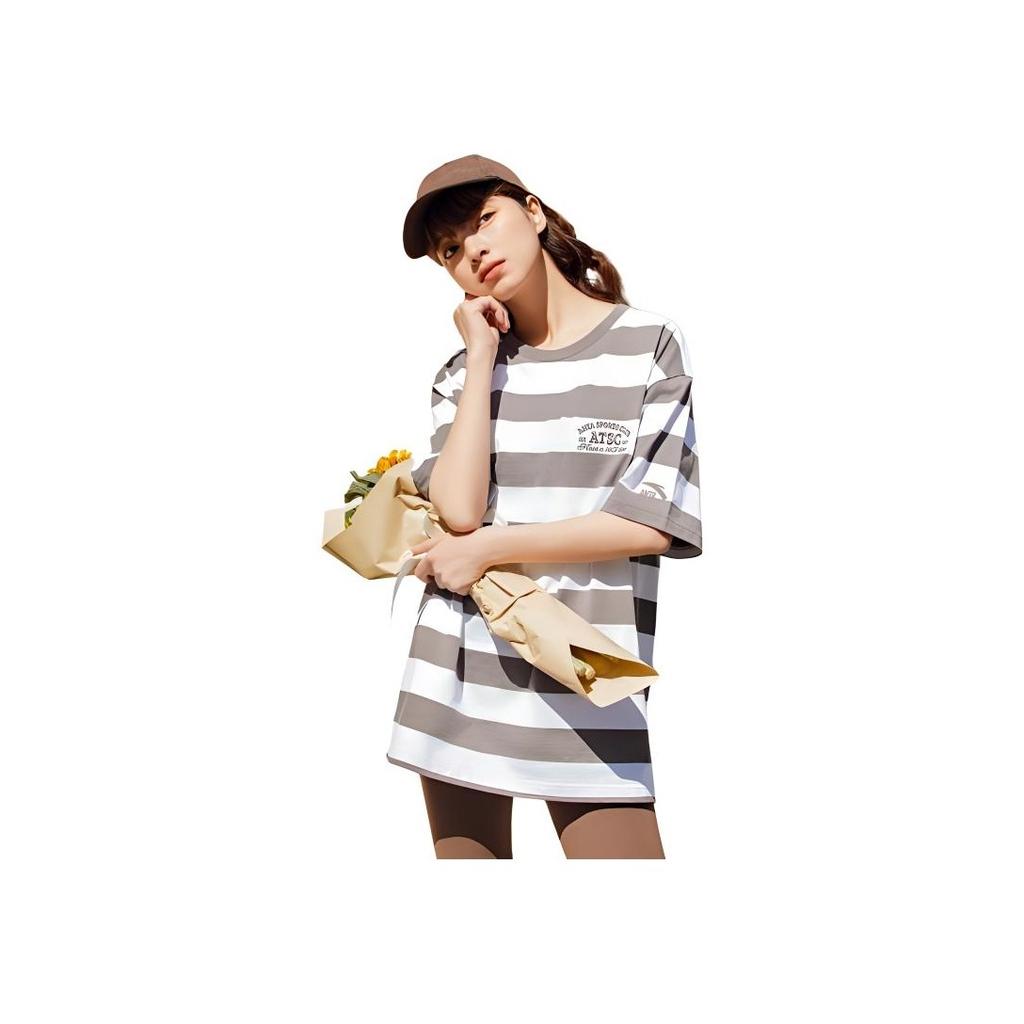 Anta Striped Round Neck Loose Short Sleeve Drop Shoulder T-Shirt Men Tops Snow-White Majestic-Gray 152428129-1