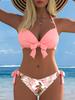 Women's High-Waisted Halter Bikini - European & American Print, Tummy Covering, Perfect for Beach & Hot Spring Vacations