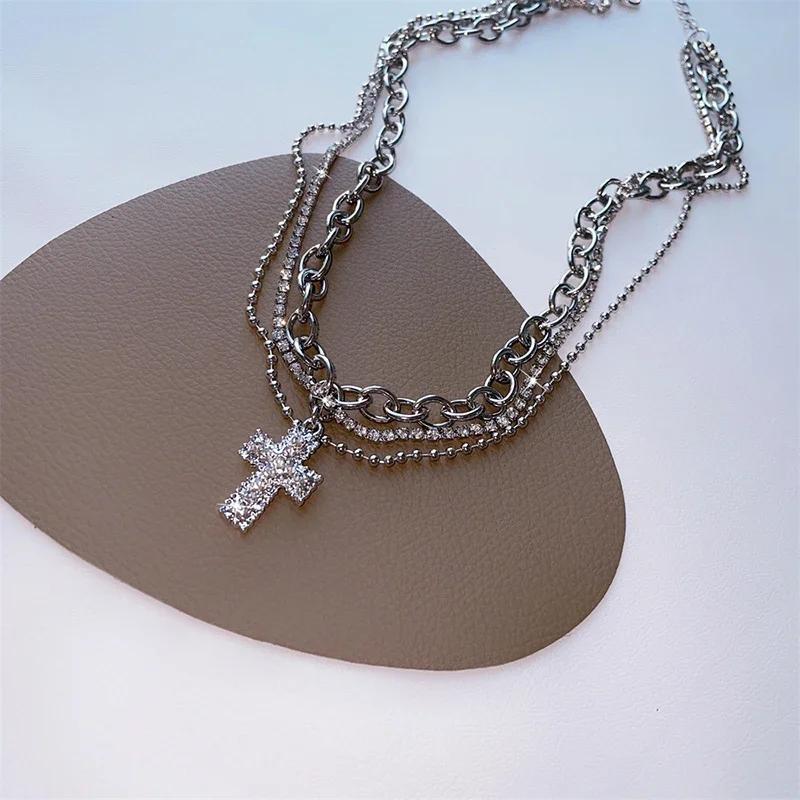 Zircon Cross Pendant Necklace Women Girl Sweet Cool Style Y2K Multi Layered Clavicle Chain Jewelry Birthday Party Accessories