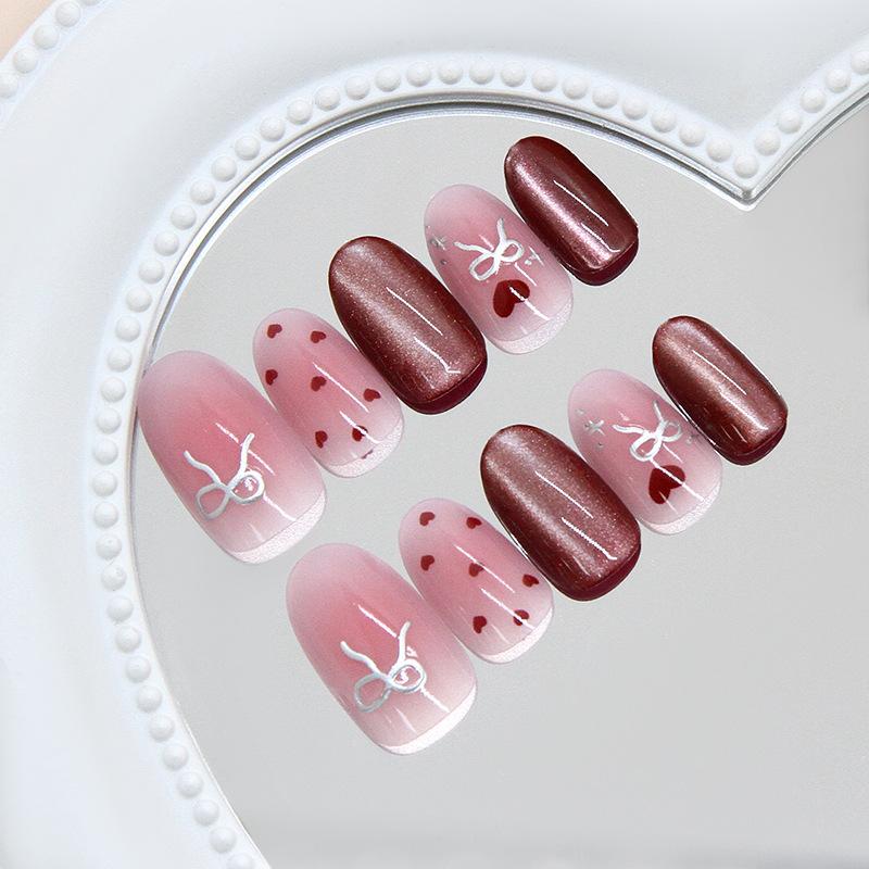 Three-dimensional cat's eye wine red love blush silver bow temperament white European and American style removable nail art pieces 30 pieces