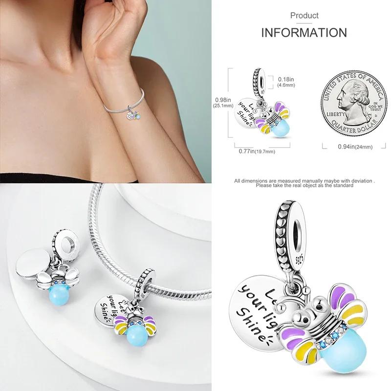 925 Silber Glühwürmchen Libelle Eule Anhänger Kleeblatt Herz Zirkon Farbperle für Original Armband Anhänger Schmuck