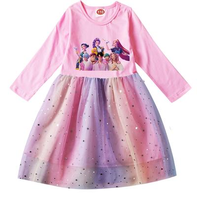 Dzieci Dziewczynki Anime Kreskówka K-Pop Rumi Zoey Mira Nadruk Długi Rękaw Bawełniana Codzienna Cekinowa Sukienka w Kolorach Tęczy