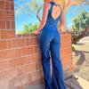 Women Casual Sleeveless Rompers Vintage Overalls Ladies Long Jumpsuits Heart Cutout Back Jumpsuit