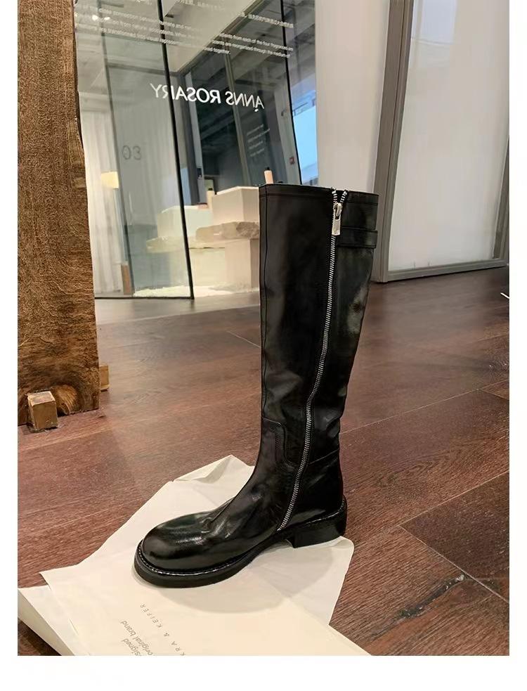 

Washed cowhide~ Genuine leather black retro boots versatile and thin thick heel knight boots women s boots tall boots 40