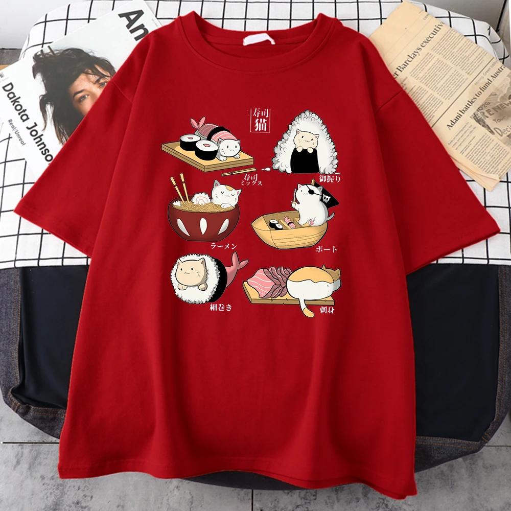 Food Cute Cat Sushi Cartoon Style Men 100% Cotton Short Sleeve Harajuku Casual Printed T-shirt Fashion Men's T-shirt Clothing