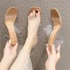 Women's Chunky Heel Summer Slippers: Transparent One-Strap, Crystal High Heel, Half-Slippers for Outdoor Wear