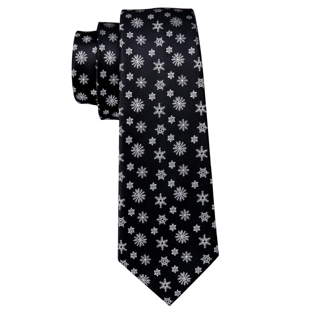 Barry Wang Men Tie Hankerchief Cufflinks Set Black White Snowflake Cartoon Pattern Christmas Atmosphere Tie