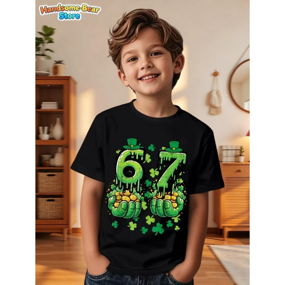 Six Seven Bruh 67 Meme Kids Clothes Happy St. Patrick's Day Girl Boy T-Shirt Children's Clover Irish Day Crew Neck Short Sleeves