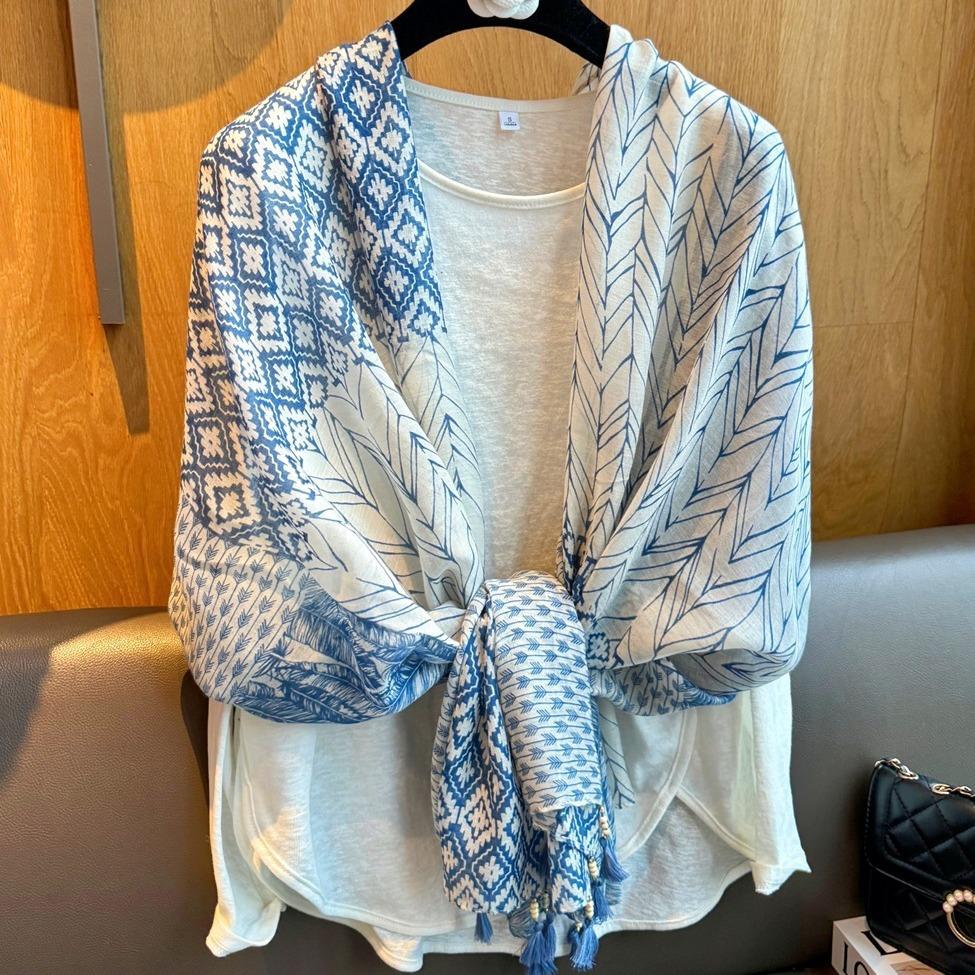 Scarf Shawl High-End Feel Female Fresh Artistic Ethnic Style Versatile Cotton Linen Feel Spring Autumn Summer Sunscreen Silk Scarf