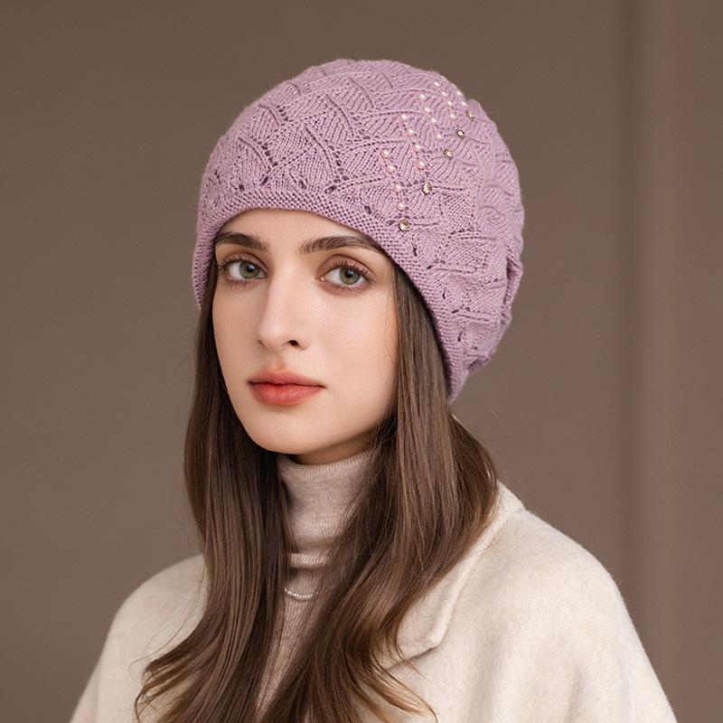 Autumn and Winter New Hat Women's Fashion Pearl Wool Hat Mother Warm Ear Protection Rabbit Hair Knitted Hat