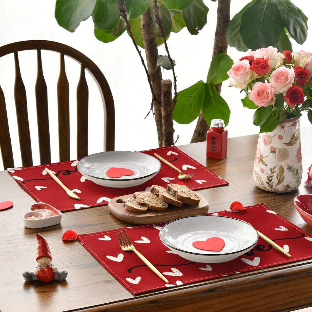 4Pcs 30x45cm Red Love Hearts Table Mats Linen Dining Table Mat Farmhouse Burlap Placemat Kitchen