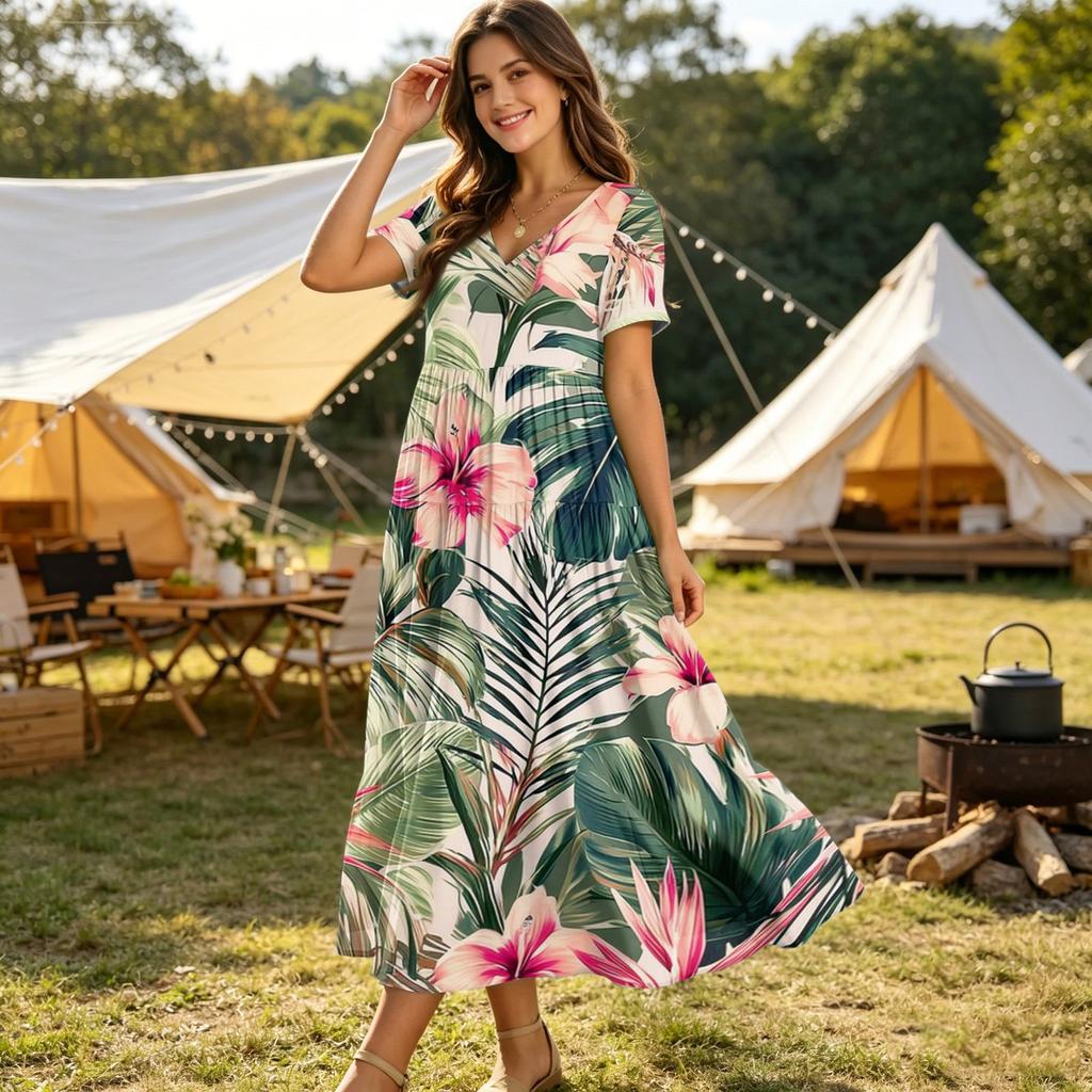 Frauen Casual Lose Bohemian Blumenkleid Kurzarm Lange Maxi Sommer Strand Swing Kleid