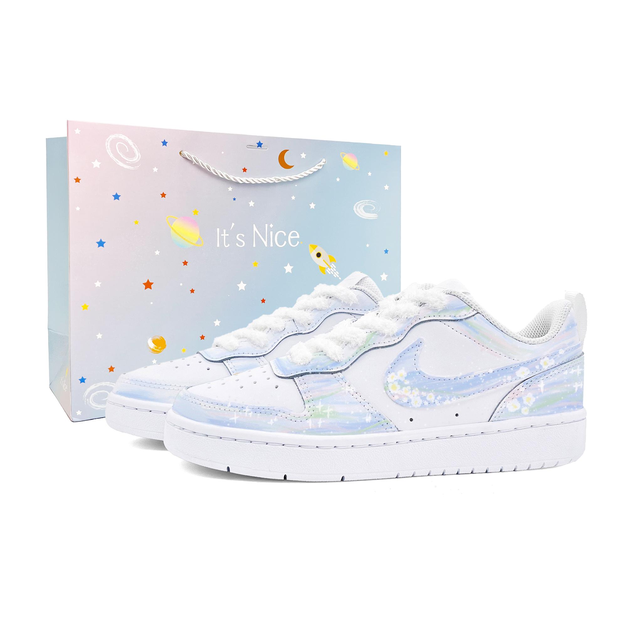 

Nike Court Borough Flowers Manri Pu Low top Skateboard Shoes Women s White Blue BQ5448-100(Team1427-) 38.5