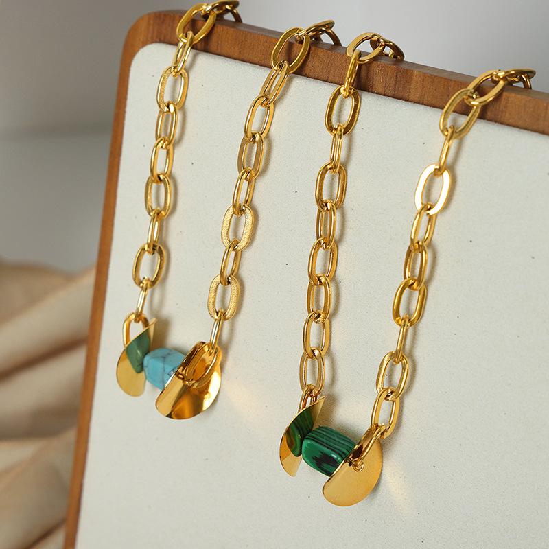 Stainless Steel Link Chain Necklace For Women 18k Gold Plated Watrerproof Non Tarnish Women's Natural Stone Pendant Necklaces
