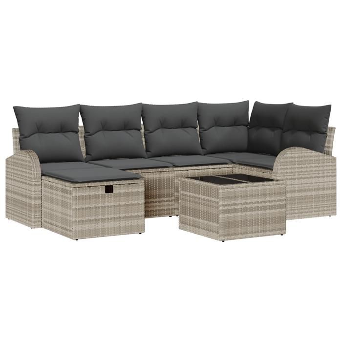Ensemble de canapé de jardin 7 pièces avec coussins gris clair en rotin, Canapé de jardin 2 places avec rangement et 3360423