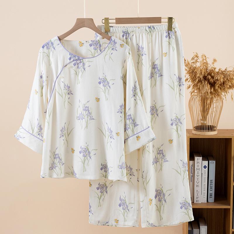 Damen-Bambus-Baumwoll-Pyjama - Neunärmeliges Set im chinesischen Stil für Frühling/Sommer