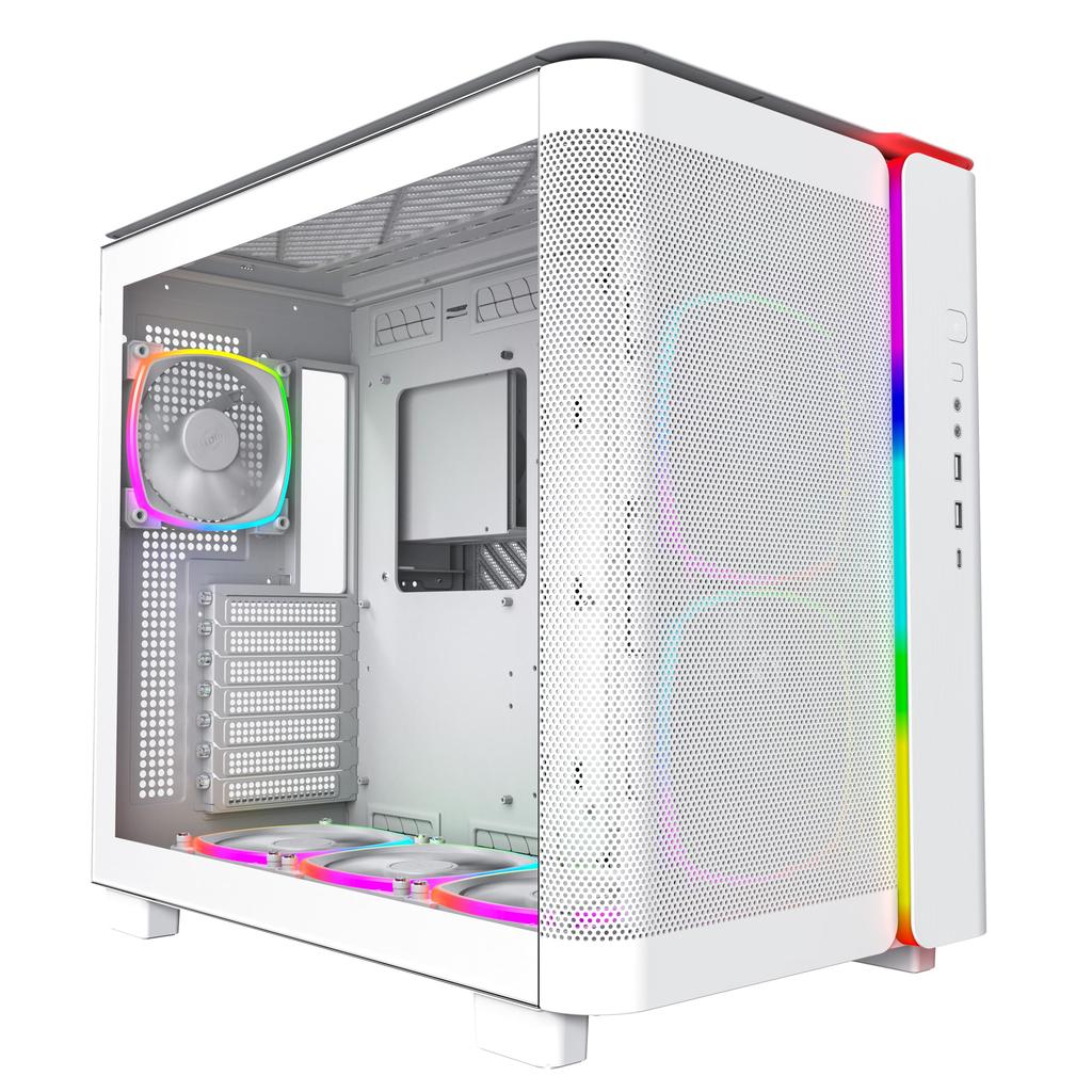 MONTECH King 95 PRO Dual-Chamber-ATX-PC-Gaming-Gehäuse, High-Airflow-Panel, stabile, gebogene Front aus gehärtetem Glas, 6 ARGB-PWM-Lüfter mit Lüfternabe, weißer Mid-Tower
