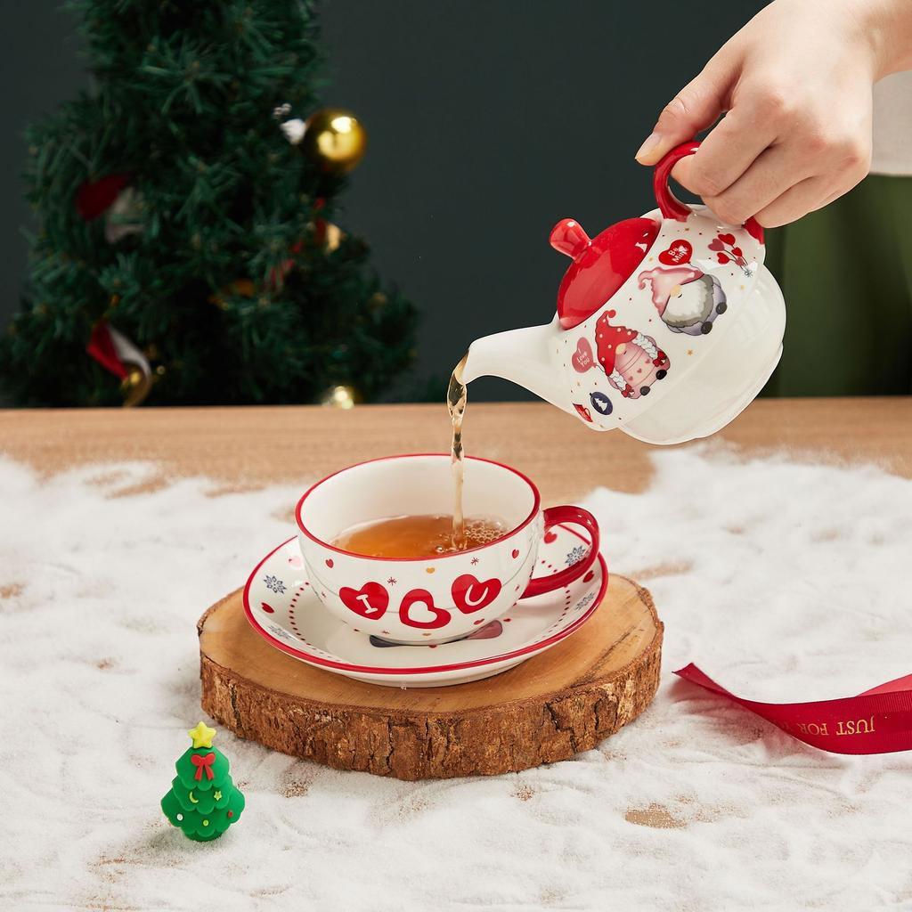 Christmas Ceramic Gold-plated Teapot Cup and Saucer Set Nordic Style Gold Plating Mug Handle Gift Box Teaware Sets Xmas Gifts