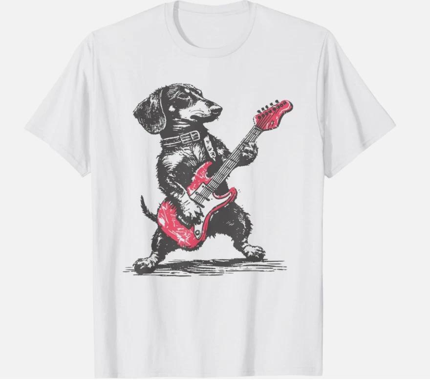Retro Weenie Dog Tee – Dachshund Playing Guitar Funny Music Shirt XXXXL