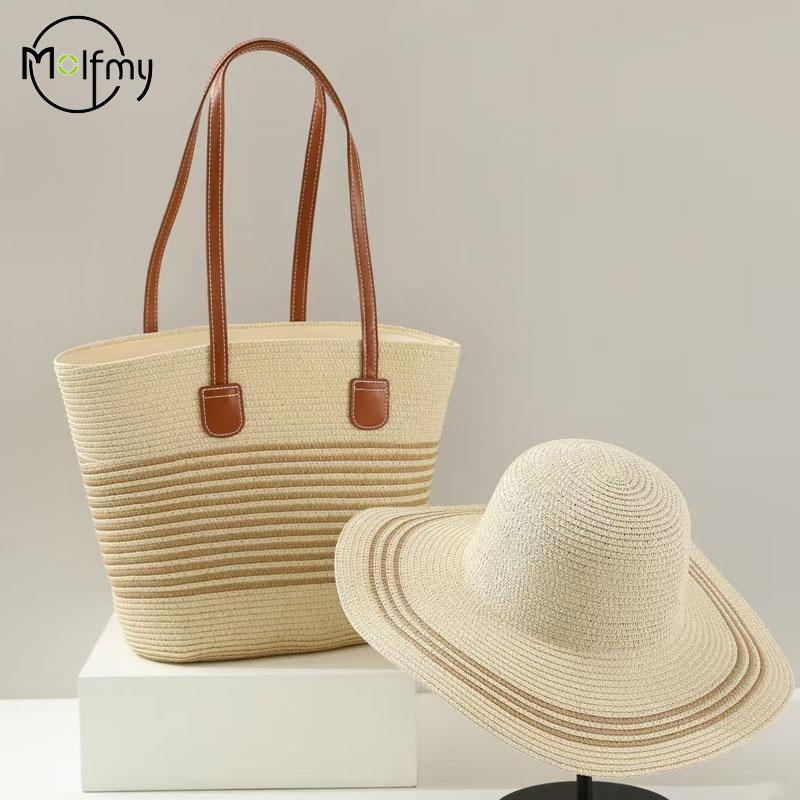 Straw Bag White Beach Hat Women's Summer Beach Tote Bags Outdoor Travel Vacati Large Capacity Shoulder Handbag Shade Beach Hat