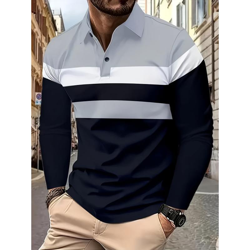 Stylish Men's Long Sleeve Polo Shirt, Plaid Patchwork Detail, Casual Daily Fashion Top
