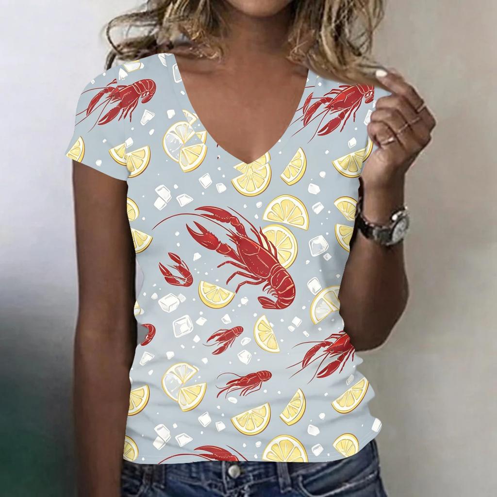 Women Casual V Neck Short Sleeve Top Lobster Print Lightweight Soft Fabric Summer Shirt for Daily Wear