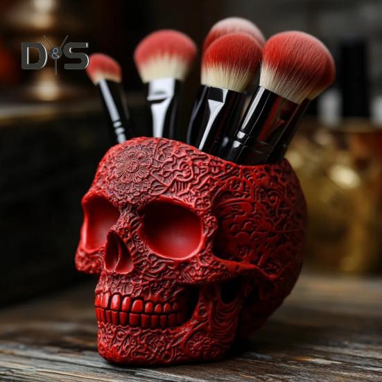 Makeup Brush Holder Skull Shape Large Capacity Makeup Brush Container Sturdy Resin Construction Storage Organizer