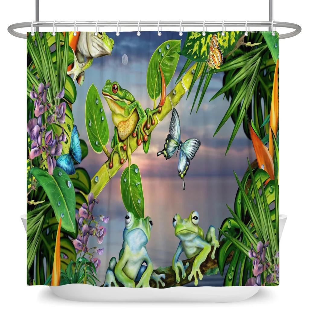 Funny Frog Cartoon Shower Curtain Sets Leaf Animal Creative Children Bathroom Decor Waterproof Fabric Home Hooks Bath Curtains