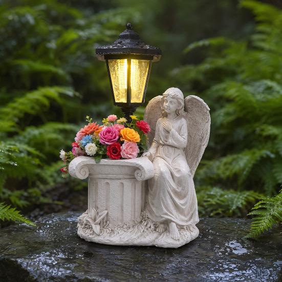 Solar Angel Ornaments, Resin Outdoor Decorative LED Lights, Warm Glow Ornament for Courtyards Gardens Landscaping