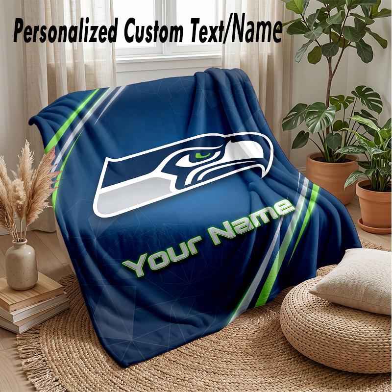 Seattle Seahawks Custom Flannel Throw Blanket Print Your Name Text Soft Warm Blanket Holiday Present