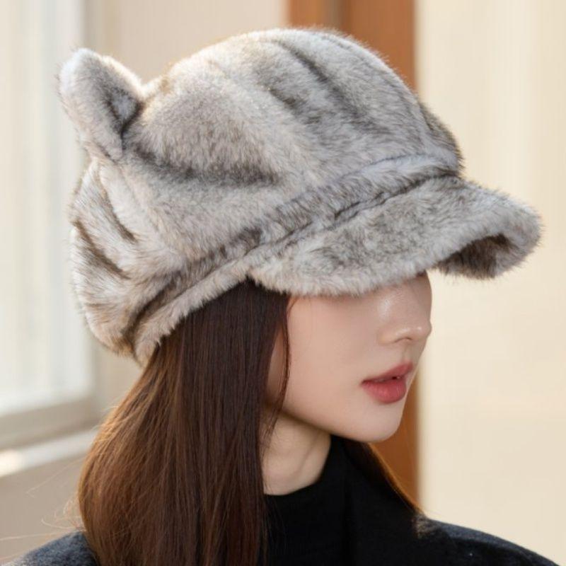 New Style Rabbit Fur Octagonal Hat Women's Fashionable Plush Hat Cat Ear Thermal Cap Wide-Circumference Head Wrap