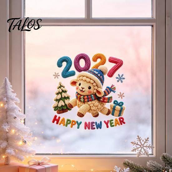 Winter Theme Glass Decor Chinese New Year Window Stickers, 2027 Goat Static Clings, Reusable Non Adhesive Film Crochet Knit Lamb Decals, for Home Shop