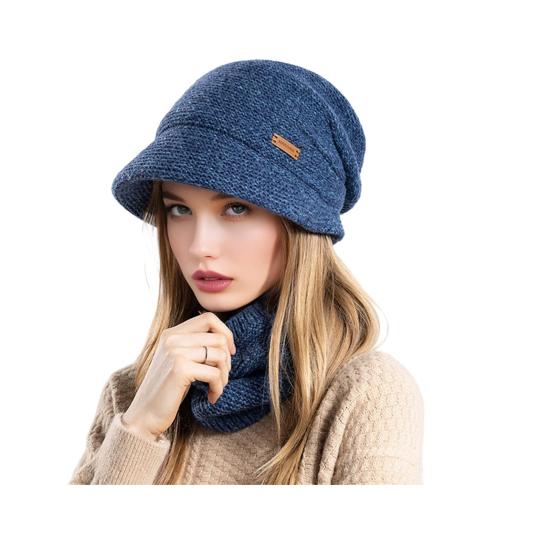 2Pcs/Set Women Winter Hat Scarf Set Solid Color Elastic Thickened Ear Protection Knitting Hat